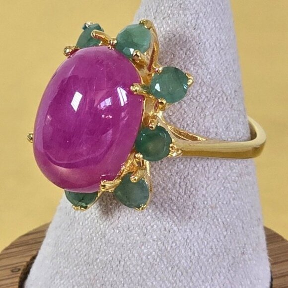 925 Sterling Silver Ring Sz 6.5 with Natural Oval Ruby 16x11mm & Emerald Gems - Picture 12 of 13